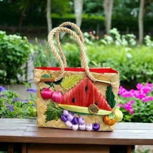 Vintage 50s NOS Woven Palm Bag Calderon Purse Fruit Carmen Miranda